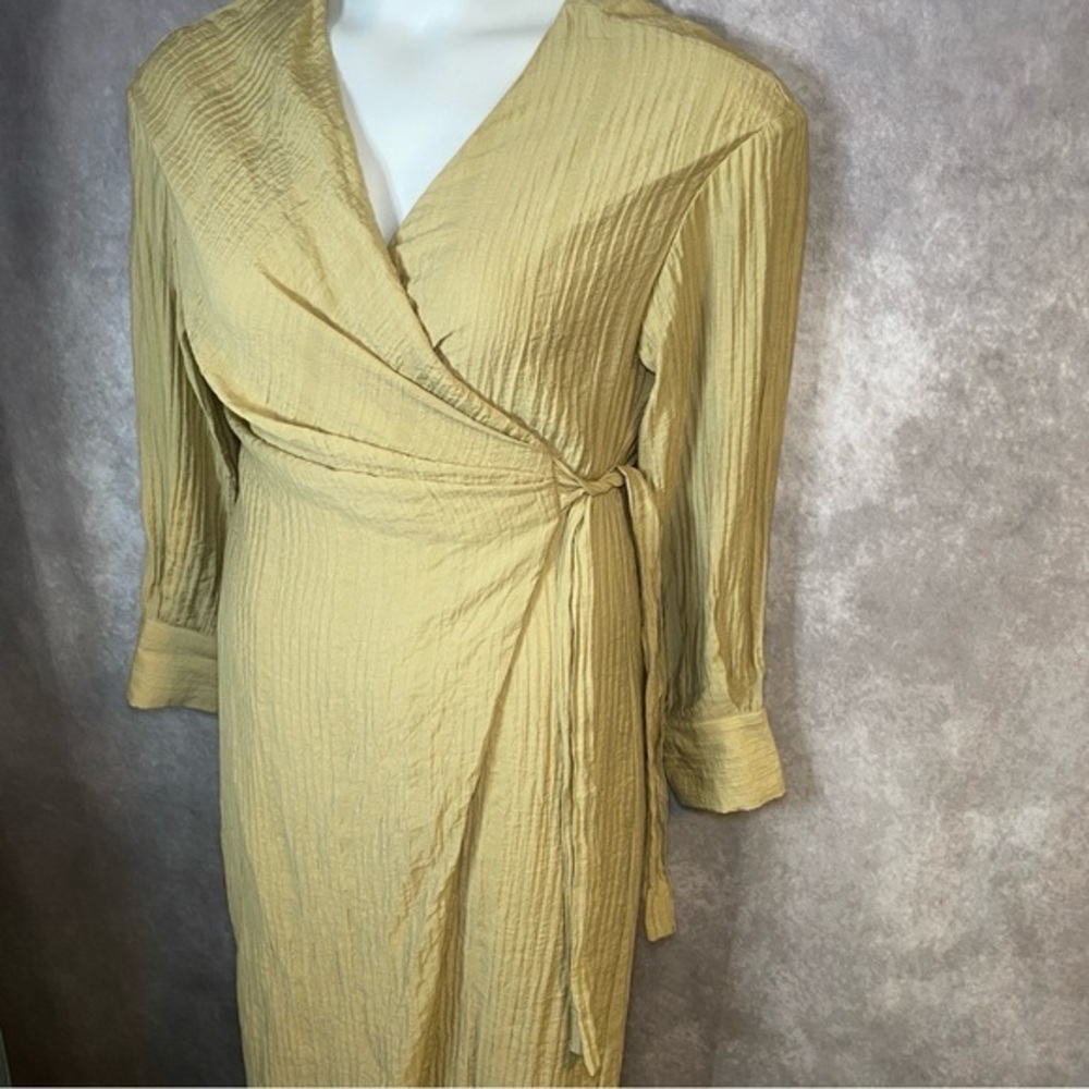 Zara Size XS Linen Blend Midi Ruched Pleated Wrap Dress Olive Green V-Neck